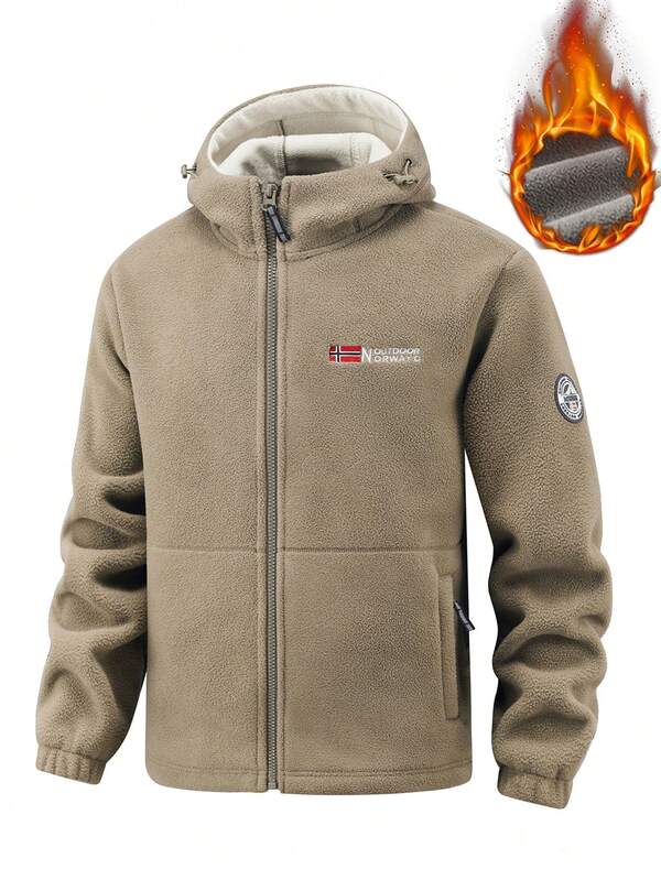 Herren Winter Kapuzen Warm Fleece Jacke, Brust Stickerei, Armband Logo, Mehrfach-Taschen-Design, geeignet für Wandern und Outdoor-Straßen.