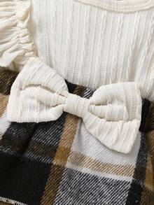 3pcs/Set Casual Elegant Cute Baby Girl Autumn/Winter Dress Set, Soft & Comfortable, Bow Decor Ruffle Layered Plaid Dress With Bodysuit & Hat And Socks - Multicolor - View 5