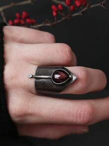 1pc Unique Witch Waterdrop Shaped Ruby Irregular Cone-Shaped Wide Antique Tin Ring Gothic Style Metal 's Size Ring Suitable For Special Holiday Events, Themed Parties And Gatherings - màu đen - Xem 15