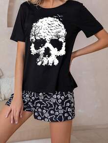 Womens 2 Piece Halloween Pajamas Set Cute Short Sleeve Graphic Print Tops + Shorts Set Lounge Clothes - Mixed Colors - View 4