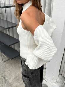 Women Knit Vest, Sleeveless Halter Top Backless Zipper Closure Summer Clubwear For Party - trắng - Xem 6