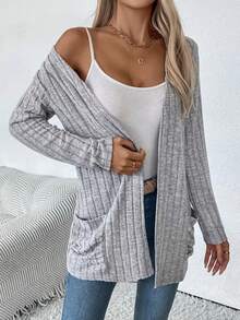 Cárdigan holgado de punto acanalado gris para mujer, con bolsillos y manga larga