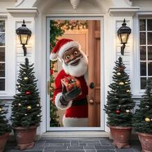 1pc Charming Black Santa Claus Polyester Door Curtain - Holiday Welcome Banner, Vibrant Christmas Scene, Indoor Outdoor Decor, Polyester, Christmas Decoration - Multicolor - View 2