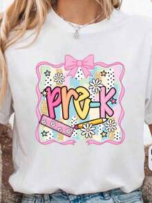 Preschool T-Shirts, Summer T-Shirts For Women, Graphic Print T-Shirts For Women, Casual Short Sleeve Crew Neck T-Shirt, 1 Fashion T-Shirt, 180g, 100% Cotton. - 學前教師襯衫006 - 查看 7