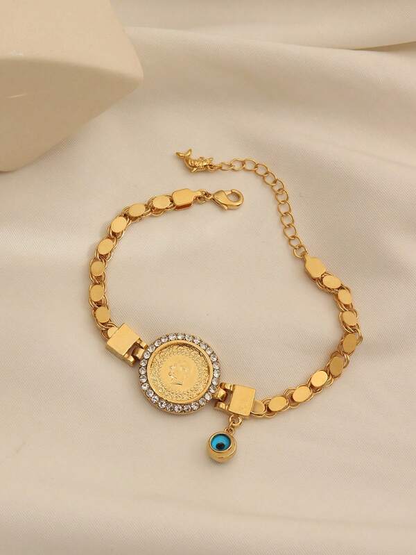 1 pieza Pulsera minimalista vintage de aleación de bronce chapada en oro con moneda y ojo malvado de cristal, hecha a mano, adecuada para uso diario de mujeres y como regalo de vacaciones