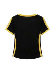 女式 Y2K 黑黄条纹美式性感修身 V 领短款短袖 T 恤 - 黑色 - 查看 5