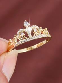 1pc Elegant Crown Shaped Cubic Zirconia Ring For Women - 56306 Gold + White - View 2