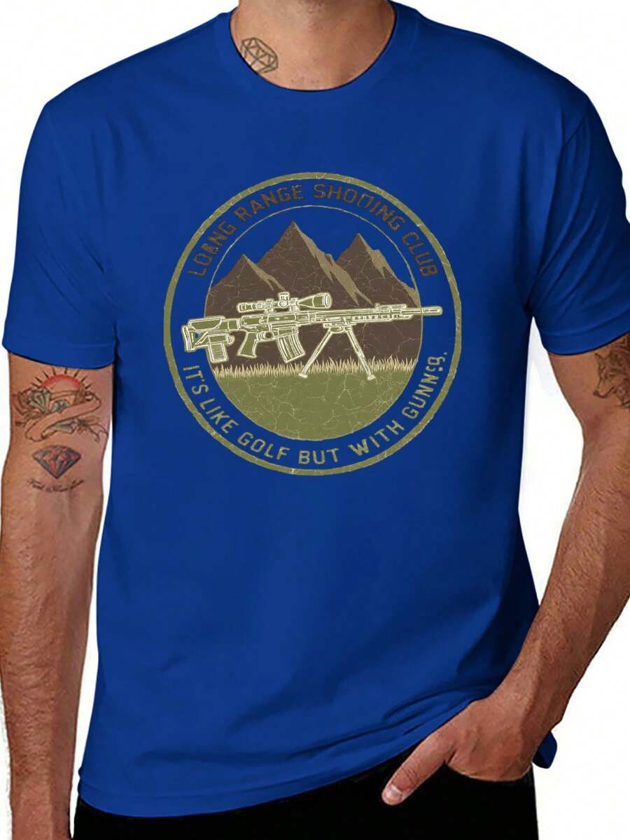 S~5XL Classic  Cotton Tee | Unisex American Size | 180gsm Fabric | Men's Vintage Military Sniper Graphic T-Shirt Funny Long Range Shooting Design Casual Wear Gift For Gun Enthusiasts Print | Beach & Casual Wear - 藍色 - 查看 1