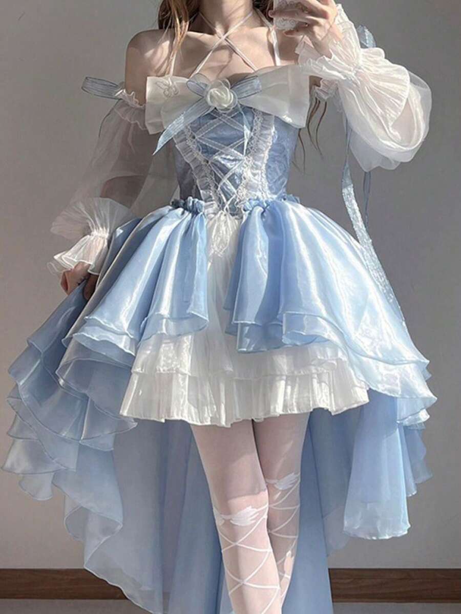Blue Lolita Dress Design, Short In Front And Long In Back, Bride, Heavy Industry, Big Ribbon, Princess With Tail - Màu xanh (có tay áo và hoa) - Xem 1