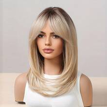 TOPSHE 16 Zoll Ombre Blonde bis dunkle Wurzeln Lockenperücke mit Pony für Frauen - Hitzebeständige synthetische Perücken für Frauen für Cosplay, Halloween, Party, Alltag, HOT