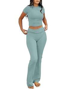 ANRABESS Lounge Sets For Women 2 Piece Foldover Yoga Flare Leggings Pants Crop Tops Casual Y2K Outfits Matching Tracksuit Set - 綠湖 - 查看 12