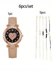 6 bucăți ceasuri rotunde cu cuarț - curea elegantă din piele PU, indicator din aliaj de zinc, cadran din aliaj de zinc și brățară bijuterii pentru femei