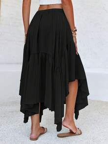Womens Summer Boho Maxi Skirt Casual Asymmetric High-Low Hem Flowy Bohemia Long Skirt - màu đen - Xem 3