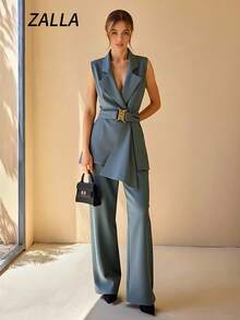 ZALLA Sleeveless Blazer And Pants Set With Asymmetrical Hem Belt - 灰色 - 查看 1