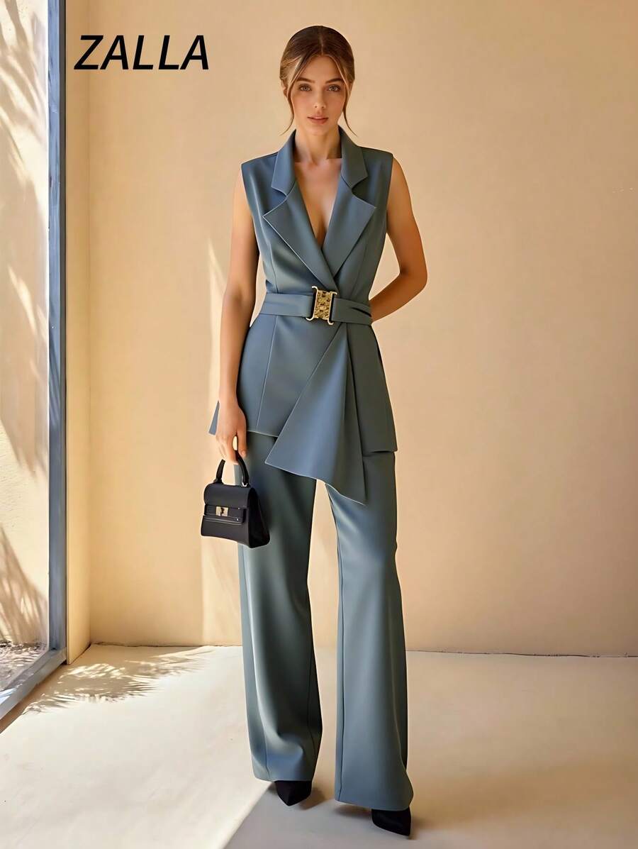 ZALLA Sleeveless Blazer And Pants Set With Asymmetrical Hem Belt - 灰色 - 查看 1