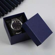 1pc Solid Color Jewelry Box, Faux Leather Paper Texture Square Watch/Ring/Necklace Gift Box With Lid - Navy Blue - View 1