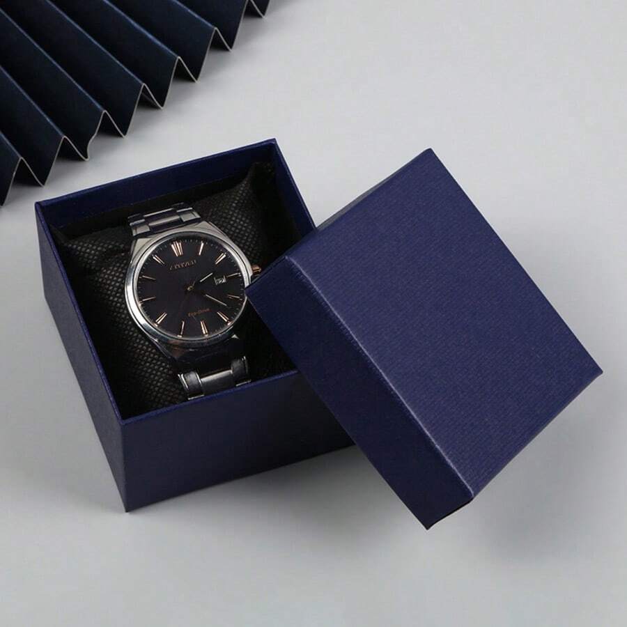 1pc Solid Color Jewelry Box, Faux Leather Paper Texture Square Watch/Ring/Necklace Gift Box With Lid - Navy Blue - View 1