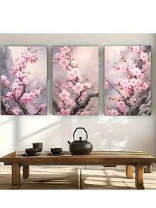 3 piezas de impresiones de arte en lienzo envuelto, con marco opcional de pino, orientación vertical, estilo moderno clásico art decó, encantadoras flores de cerezo rosadas arte abstracto acuarela, moda, para decoración de pared en bar, cafetería, hogar, dormitorio, sala de estar, cocina, oficina en casa, para uso interior y exterior en primavera e invierno - Multicolor - Ver 14