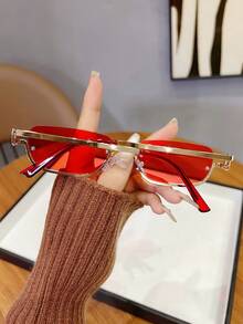 1 pieza Gafas de moda con montura metálica de media montura para mujer, color rojo adecuado para la playa, vacaciones, fotografía y estilo callejero