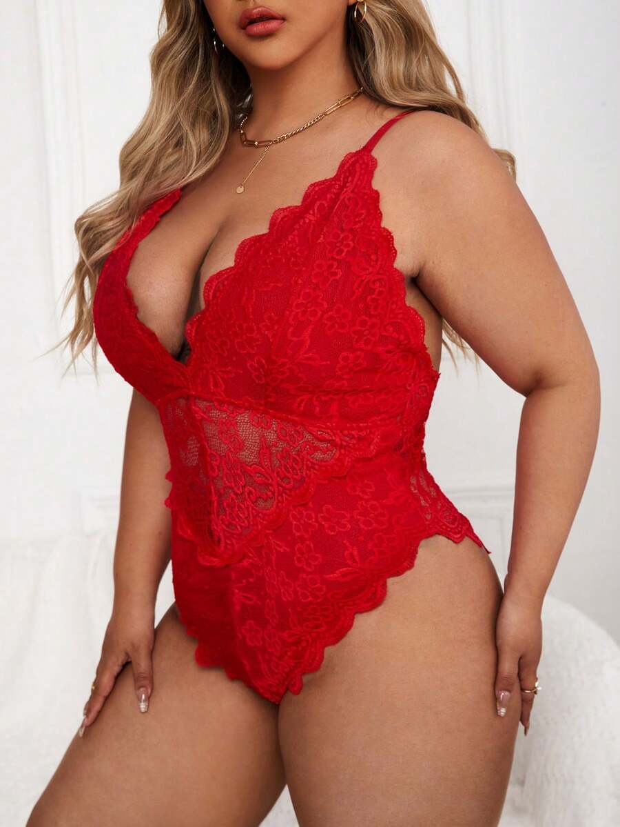 1pc Women's Sexy Lace Patchwork Lingerie Bodysuit, Suitable For Home Wear And Valentine's Day Use - Red - View 1