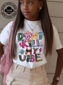 Cotton T-Shirt For Girls, Casual Printed Round Neck Short Sleeved T-Shirt, Summer Top, Young Student Children's Clothing, Preparing Comfortable T-Shirts For Girls - 白色 - 查看 5