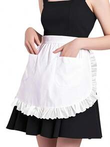Cute Ruffle Waist Apron Elegant White Polyester Kitchen Apron With Pockets & Adjustable Ties (26"X17") For Cooking, Baking, Maid Cosplay & Cafe Servers - White - View 1