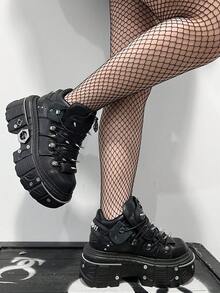 女士平底朋克踝靴，黑色圆头高跟运动鞋，厚底软底摇滚踝靴，系带休闲橡胶滑板鞋 - 黑色 - 查看 12