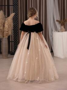 Váy dự tiệc màu vàng lưới sequin thanh lịch cho bé gái tuổi mới lớn, váy công chúa phù hợp cho tiệc sinh nhật, tiệc chiêu đãi, sự kiện trang trọng, vũ hội, biểu diễn sân khấu, phù dâu, váy phù dâu, lễ kỷ niệm ngày lễ - Màu Khaki - Xem 5