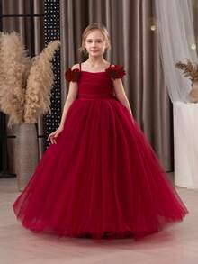 青少年女孩勃艮第 3D 花卉网眼覆盖派对礼服，优雅公主礼服适合女孩礼服、生日派对、舞会、婚礼、花童、伴娘、节日场合 - 酒紅色 - 查看 6