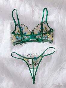 Women's Mesh Floral Embroidered Cute & Sexy Lingerie Set - Green - View 3