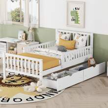 Twin Size Wood Kids Platform Bed With Guardrails On Both Sides And Two Storage Drawers ,White - 白色 - 查看 2