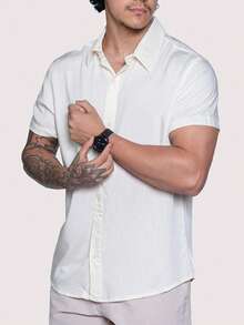 Linen Shirt Short Sleeve Formal Summer Fresh Italian Collar Elegant In Visco-Linen - White - View 5