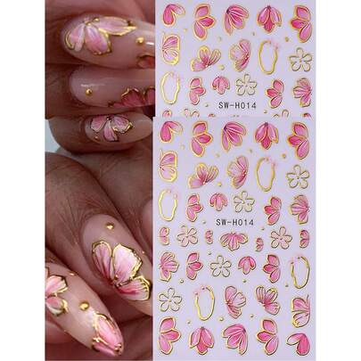 2 PCS Pink Flower Petal 3D Nail Stickers Elegant Flower Gold Edge Line Geometry Designs Nail Art Decals For Acrylic Nails DIY Spring Self-Adhesive Manicure Decoration Supplies
