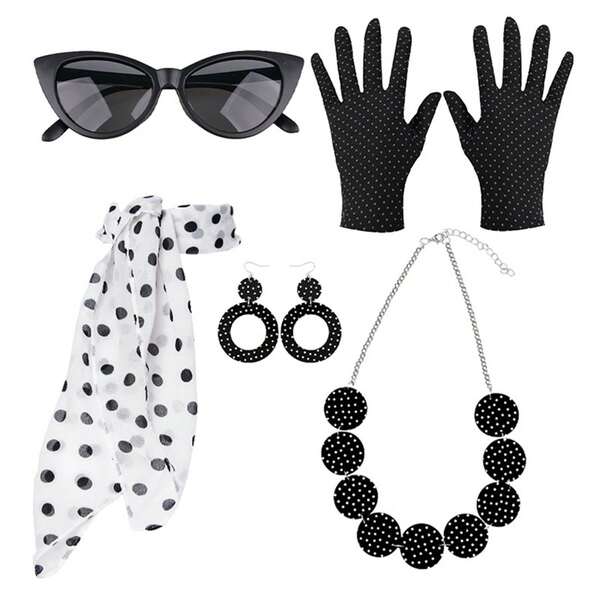 Accesorios de disfraz de los años 50, gafas de ojo de gato con lunares, pañuelo, diadema, aretes, disfraz de lujo de Grease para mujeres y niñas, decoración retro de los años 50 para fiestas, para disfrazarse en Halloween