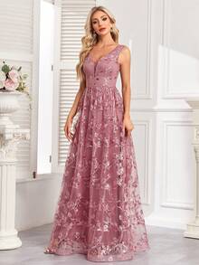 V领无袖亮片花卉刺绣网纱晚礼服 - 藕粉色 - 查看 5