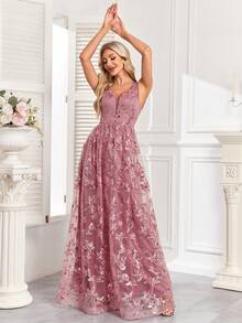 V领无袖亮片花卉刺绣网纱晚礼服 - 藕粉色 - 查看 3