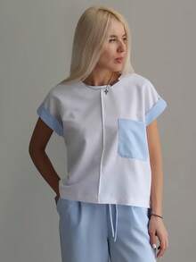 cimmuovere Damen Kontrast V-Ausschnitt Kurzarm Taschen Lässig Pflege Uniform Frostoptik Oberteil