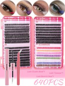 640PCS D Curl Individual Lash Clusters 9 Colored Large Capicity 9-16mm Mixed DIY Lash Clusters Natural Look&Wispy&Colorful Reusable DIY Eyelash Extension Kit With Makeup Tool Lash BOND&SEAL And Tweezers For Beginner Use At Home Or On-The-Go For Daily Life&Dating&Wedding&Party&Music Festival&Halloween - Nhiều màu - Xem 1