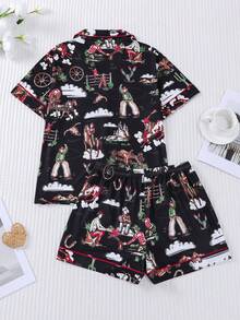 Bộ đồ ngủ 2 món họa tiết xe ngựa cao bồi miền Tây cho nữ, quần đùi hoạt hình, cạp chun, cổ bẻ, thoải mái cho mọi mùa - màu đen - Xem 3