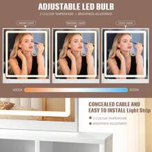 OYAJIA White Modern LED Vanity Table With LED Dimmable Mirror | Large Rectangular Mirror Dressing Table With Soft Lighting, 2 Spacious Drawers & 3 Open Compartments | UK Home Decor, Makeup Organizer, Bedroom Furniture - White - View 6