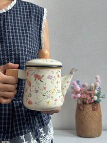 1set 1.2L Vintage Floral Enamel Teapot, Coffee Pot, Handmade Tea Pot, Household Boiling Water Enamel Pot, Tabletop Decor Enamel Pot, Enamel Pot As Gift For Friends And Elders, Kitchen Direct Heating Enamel Pot - Multicolor - View 5