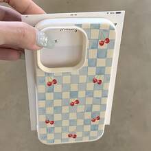 1个白色哑光纹理蓝色格子红色樱桃图案手机壳，可个性化定制，兼容 16 Pro Max、15/14 Plus、13、12、11，防水防震防摔防刮花保护套 - 彩色 - 查看 1