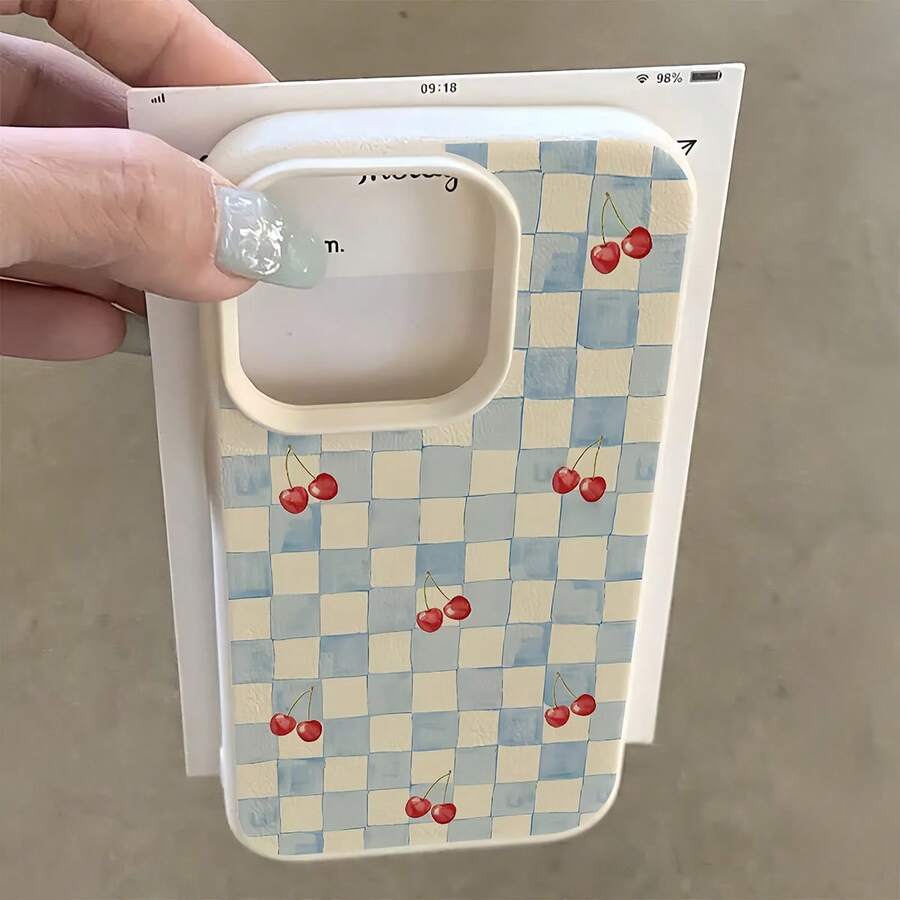 1个白色哑光纹理蓝色格子红色樱桃图案手机壳，可个性化定制，兼容 16 Pro Max、15/14 Plus、13、12、11，防水防震防摔防刮花保护套 - 彩色 - 查看 1
