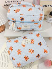 1 Pc/Set Cute Strip Print Cosmetics Storage Bag Foam Quilted Make Up Bag Cartoon Bear Pattern Travel Toiletry Bag Cute Blue Cosmetics Storage Bag Large Capacity Makeup Pouch Multi-Functional Items Organizer Bag Handheld Make Up Bag Zippered Pencil Case Jewelry Organizer Bag, Lip Oil Organizer Bag, Nail Polish Organizer Bag Sanitary Towel Storage Bag For Girl Birthday Gift Back To School Gift Girlfriend Gift - Blue - View 3