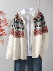 Áo khoác cardigan tay dài họa tiết hình học cỡ lớn, thường ngày cho mùa thu/đông - trắng - Xem 1