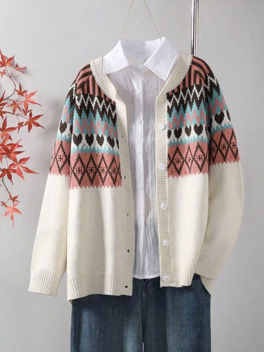 Áo khoác cardigan tay dài họa tiết hình học cỡ lớn, thường ngày cho mùa thu/đông - trắng - Xem 1