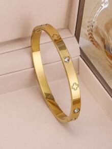 Modischer & eleganter Edelstahl Kleeblatt-Zirkonia-Blumen Armband, vielseitiges Schmuckzubehör für Frauen, geeignet für eleganten Alltag und Partys, ein ideales Geschenk