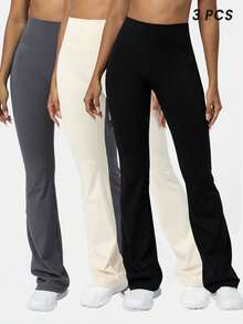 Sodalemon Women Training Fitness 3Pcs Yoga Gym Pants Set Solid Color Bust Lifting Running Casual Sport Flare Pants Tights - 彩色 - 查看 2