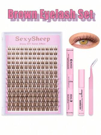 SEXYSHEEP 168 件，C 卷曲，棕色自然睫毛 DIY 睫毛延长套装单根睫毛簇 DIY 睫毛延长套装单根睫毛簇，睫毛簇，带睫毛粘合剂和密封剂，可拆卸和睫毛涂抹器镊子工具，适合在家自行涂抹
