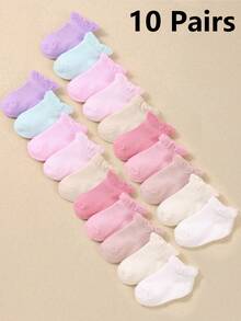 10 đôi tất ngắn màu Dopamine, thiết kế có viền bèo nhún cho bé gái. Được làm từ vải lưới ren mềm mại và thoải mái. Thích hợp cho trẻ sơ sinh từ 0-3 tuổi. - Nhiều màu - Xem 1